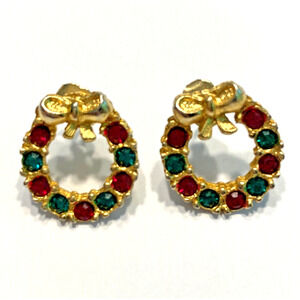Christmas Holiday Pierced Earrings Red & Green Rhinestones Small Gold Wreaths